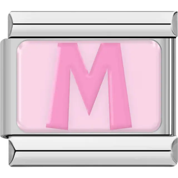 Pink letter "M" on light pink background Italian charm bracelet link