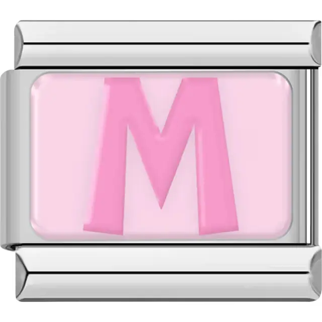Pink letter "M" on light pink background Italian charm bracelet link