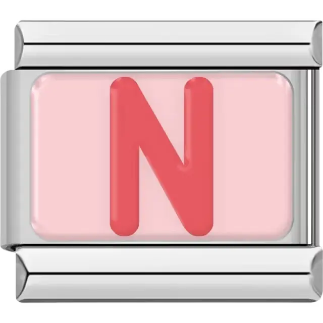 Pink letter "N" on pink background Italian charm bracelet link