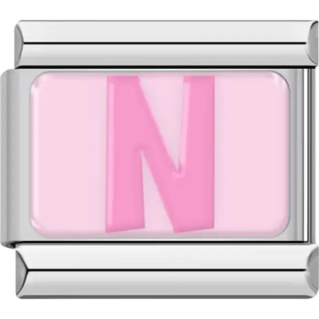 Pink letter "N" on light pink background Italian charm bracelet link