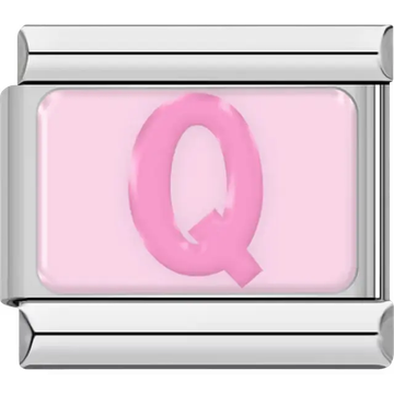 Pink letter "Q" on light pink background Italian charm bracelet link