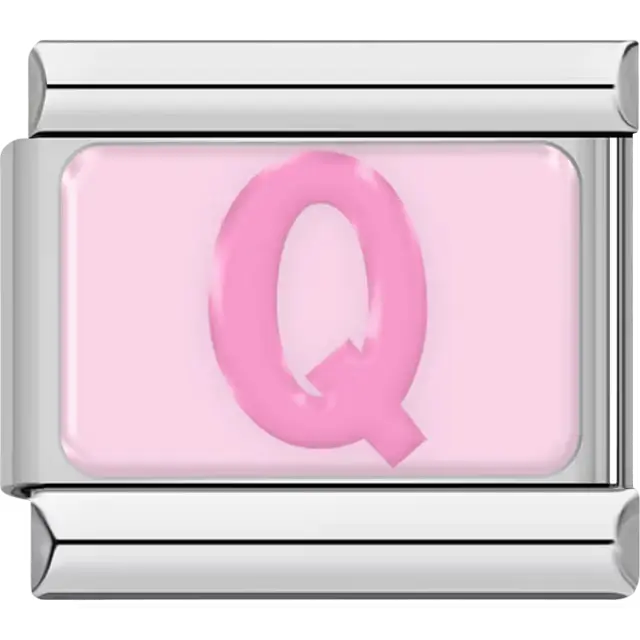 Pink letter "Q" on light pink background Italian charm bracelet link
