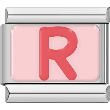 Pink letter "R" on pink background Italian charm bracelet link