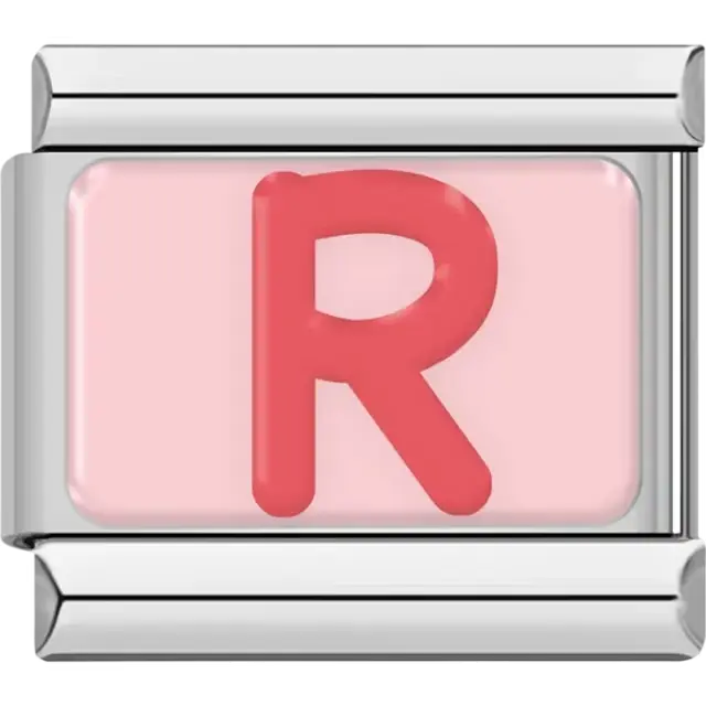 Pink letter "R" on pink background Italian charm bracelet link