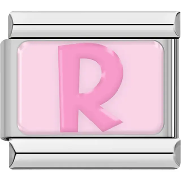 Pink letter "R" on light pink background Italian charm bracelet link