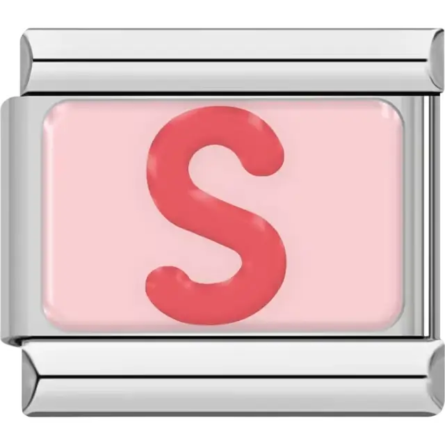 Pink letter "S" on pink background Italian charm bracelet link
