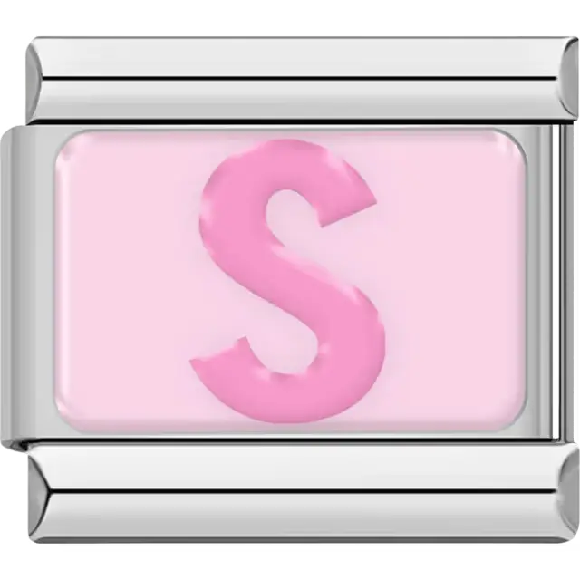 Pink letter "S" on light pink background Italian charm bracelet link