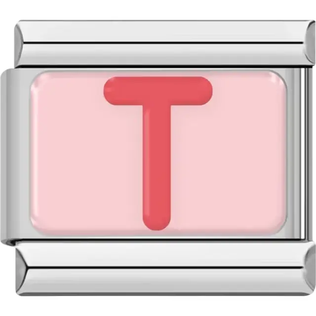 Pink letter "T" on pink background Italian charm bracelet link