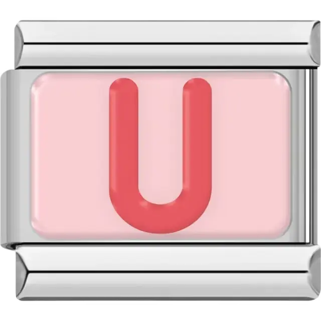Pink letter "U" on pink background Italian charm bracelet link