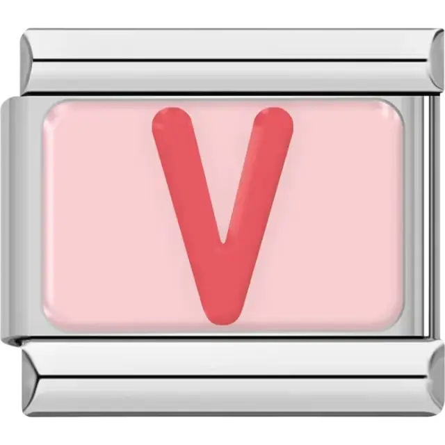 Pink letter "V" on pink background Italian charm bracelet link
