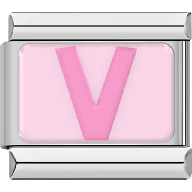 Pink letter "V" on light pink background Italian charm bracelet link