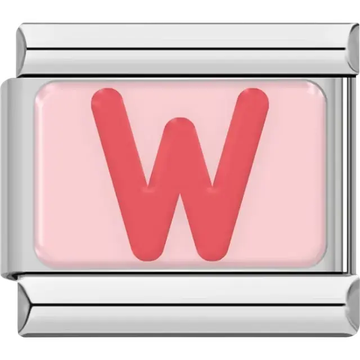 Pink letter "W" on pink background Italian charm bracelet link