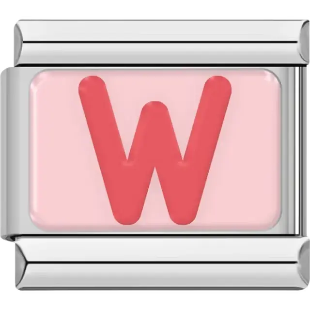 Pink letter "W" on pink background Italian charm bracelet link