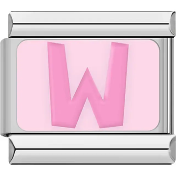 Pink letter "W" on light pink background Italian charm bracelet link