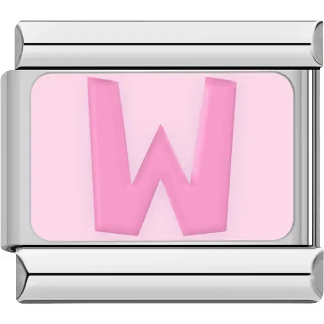 Pink letter "W" on light pink background Italian charm bracelet link