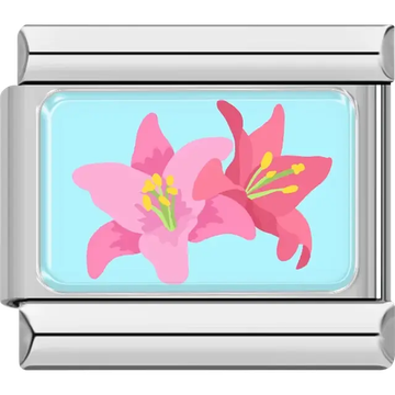 Beautiful pink and red lilies with yellow stamens on a sky-blue background Italian charm bracelet link