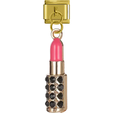 Lipstick with pink tip black crystal gemstones dangle Italian charm bracelet link