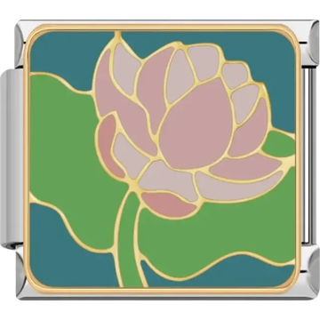 Pink lotus flower with green leaves on dark teal Italian charm bracelet link