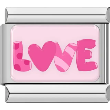 Pink "LOVE" text with heart-shaped "O" on light pink background Italian charm bracelet link