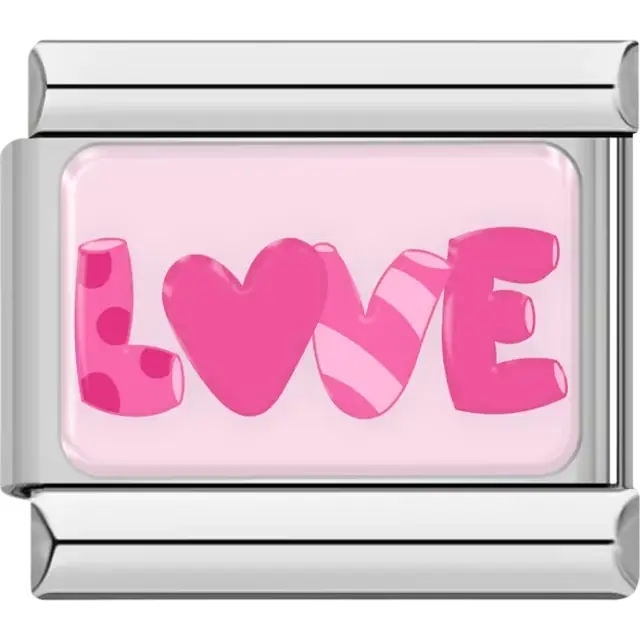 Pink "LOVE" text with heart-shaped "O" on light pink background Italian charm bracelet link