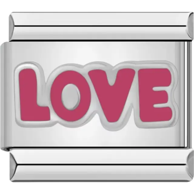 Pink "LOVE" text design on a silver-tone Italian charm bracelet link