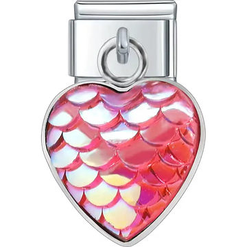 Heart-shaped pink dangle with iridescent mermaid scale pattern Italian charm bracelet link