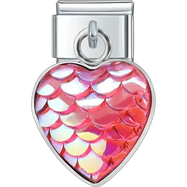 Heart-shaped pink dangle with iridescent mermaid scale pattern Italian charm bracelet link