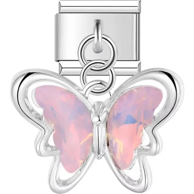 Pink opalescent butterfly dangle Italian charm bracelet link