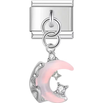Pink opalescent crescent moon with silver star and crystal accents Italian charm bracelet link