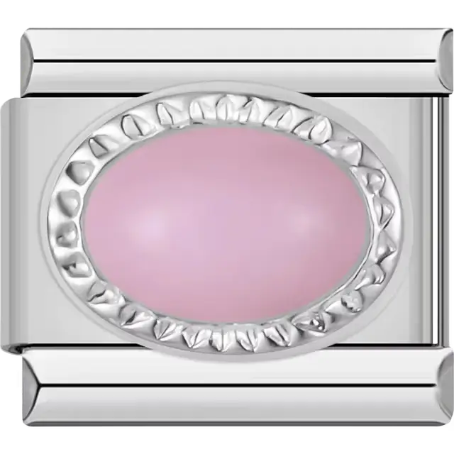 Oval pink stone with textured border Italian charm bracelet link