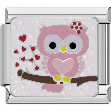 Pink owl with hearts and branch Italian charm bracelet link
