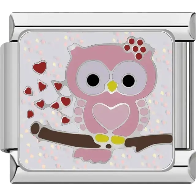 Pink owl with hearts and branch Italian charm bracelet link