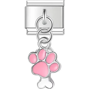 Pink paw print with a silver-tone bone Italian charm bracelet link
