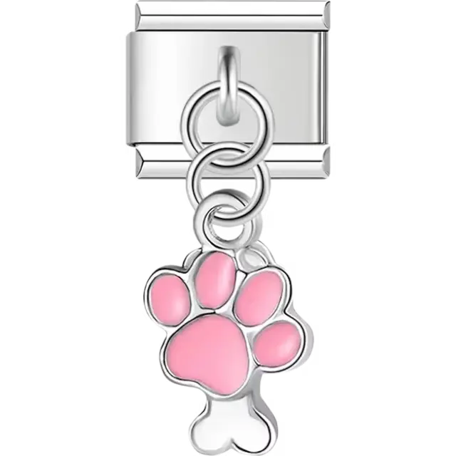 Pink paw print with a silver-tone bone Italian charm bracelet link