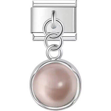 Pink pearl encased in a silver frame with a simple dangle design Italian charm bracelet link