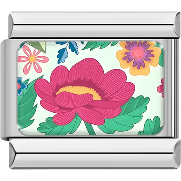Pink peony with yellow center and green leaves on white floral pattern background Italian charm bracelet link