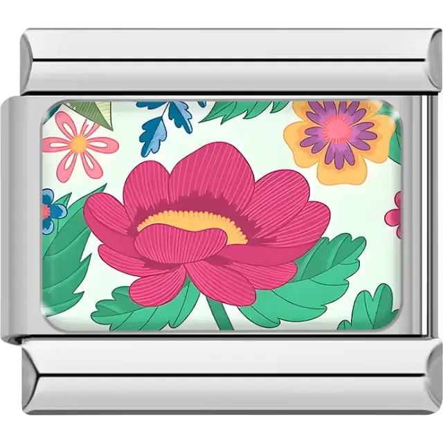 Pink peony with yellow center and green leaves on white floral pattern background Italian charm bracelet link