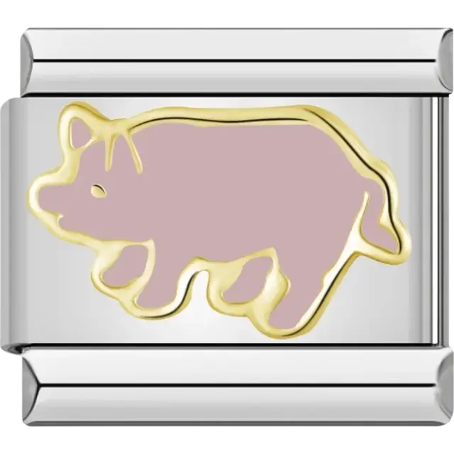 Pig design in pink with a gold outline Italian charm bracelet link