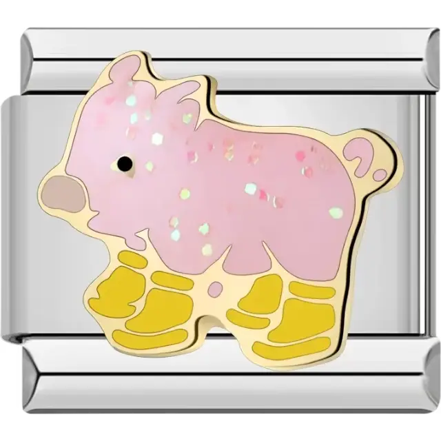 Pink pig with white spots and yellow hooves Italian charm bracelet link