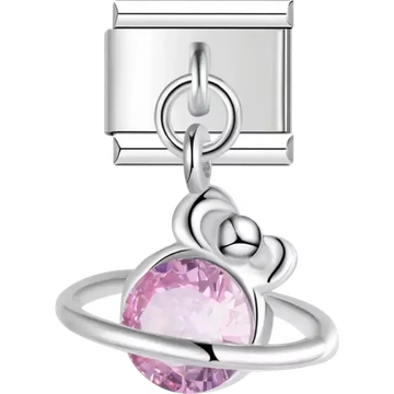 Pink gemstone sphere with orbital ring and decorative accents Italian charm bracelet link