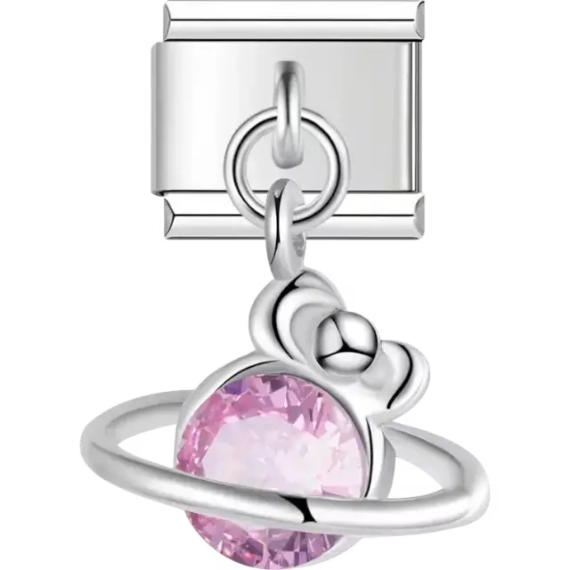 Pink gemstone sphere with orbital ring and decorative accents Italian charm bracelet link