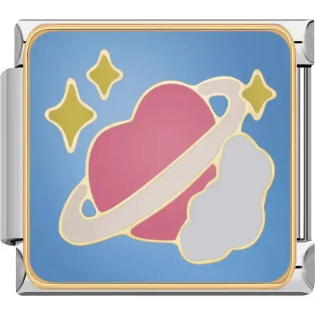 Pink heart-shaped planet with gold ring stars and a white cloud on a blue background Italian charm bracelet link