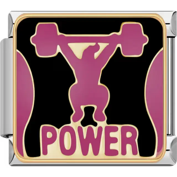 Pink weightlifter silhouette with "POWER" text on black background Italian charm bracelet link
