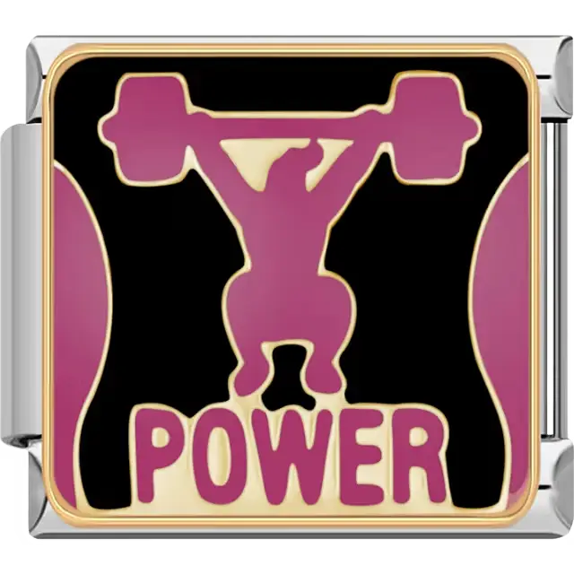 Pink weightlifter silhouette with "POWER" text on black background Italian charm bracelet link