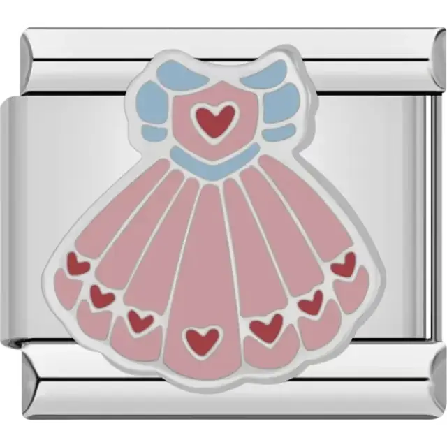 Pink princess dress with red heart accents and blue sleeves Italian charm bracelet link