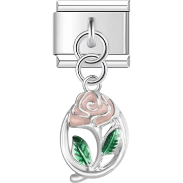 Pink rose with two green leaf details in an oval frame dangle Italian charm bracelet link