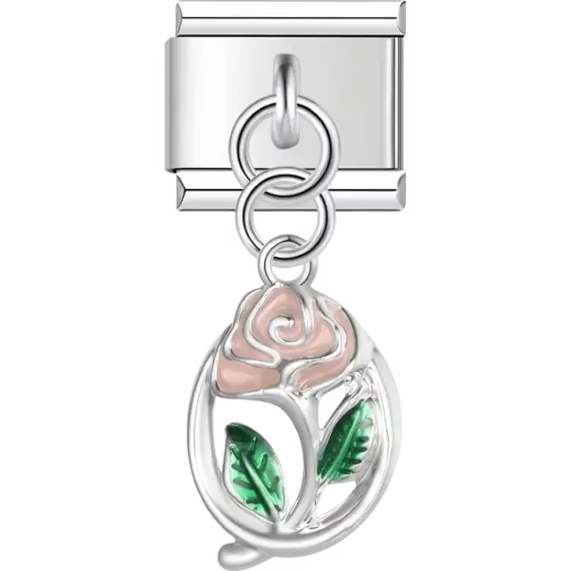 Pink rose with two green leaf details in an oval frame dangle Italian charm bracelet link