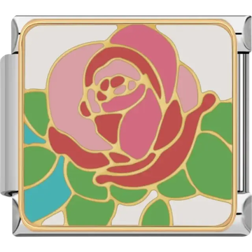 Pink rose with green leaves Italian charm bracelet link