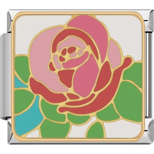 Pink rose with green leaves Italian charm bracelet link