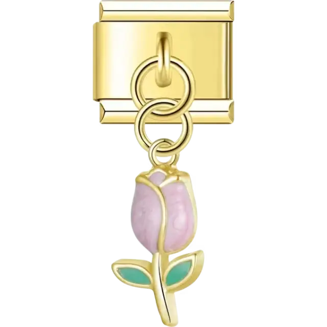 Pink rose-shaped dangle with green leaves Italian charm bracelet link